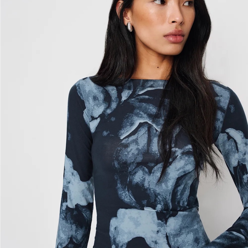 Reformation Wiley Boatneck Long Sleeve Top in Blue Floral